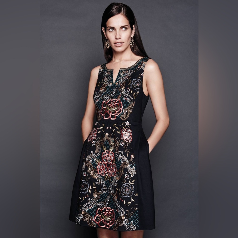 Anthropologie Black Dress with Colorful Floral Embroidery